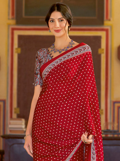 Women's Crepe Red Printed Designer Saree With Blouse Piece