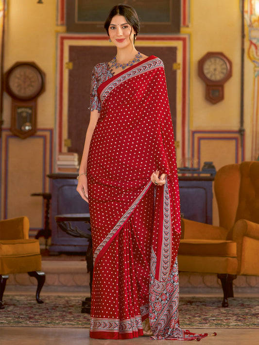 Women's Crepe Red Printed Designer Saree With Blouse Piece