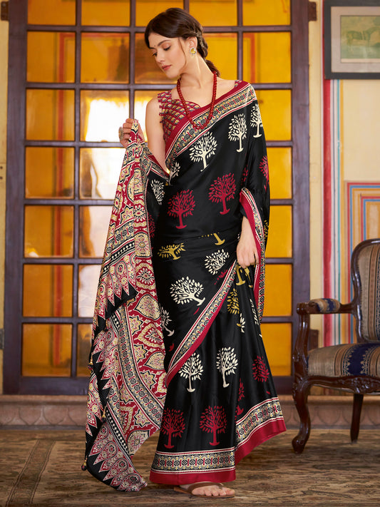 Women's Crepe Black Printed Designer Saree With Blouse Piece