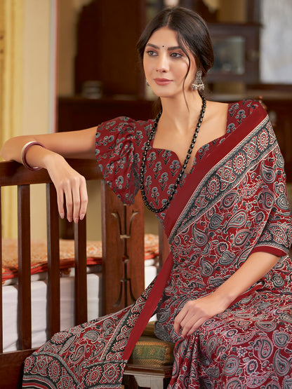 Women's Crepe Maroon Printed Designer Saree With Blouse Piece