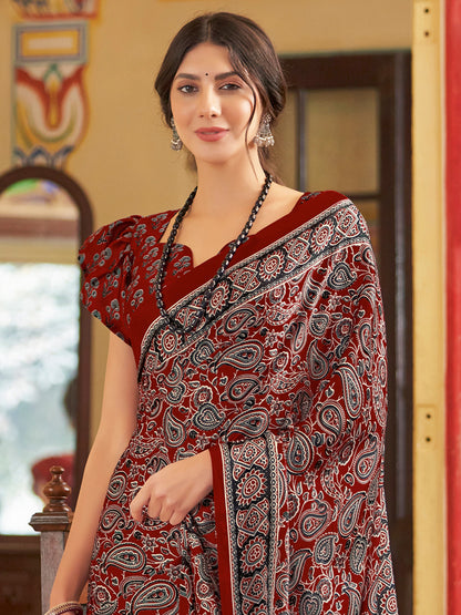 Women's Crepe Maroon Printed Designer Saree With Blouse Piece