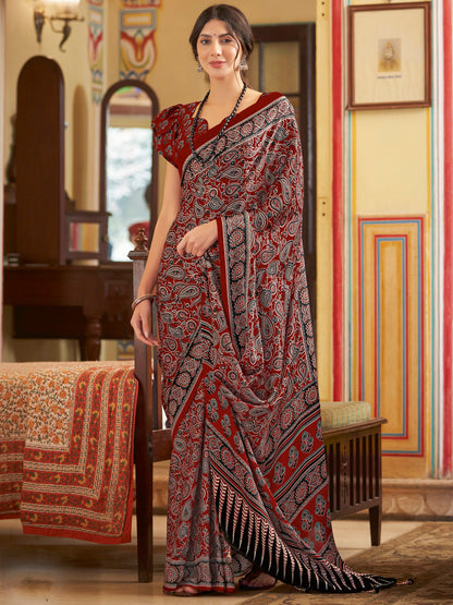 Women's Crepe Maroon Printed Designer Saree With Blouse Piece