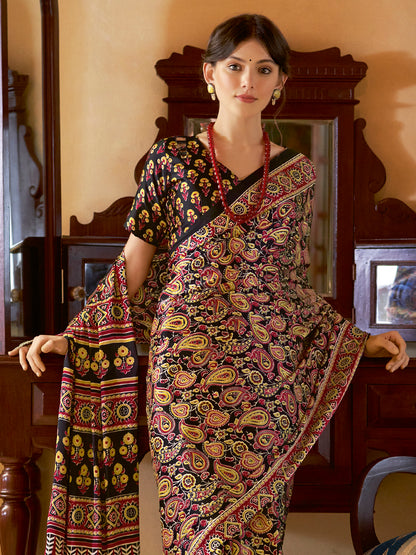 Women's Crepe Black Printed Designer Saree With Blouse Piece
