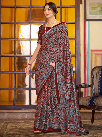Women's Crepe Red Printed Designer Saree With Blouse Piece