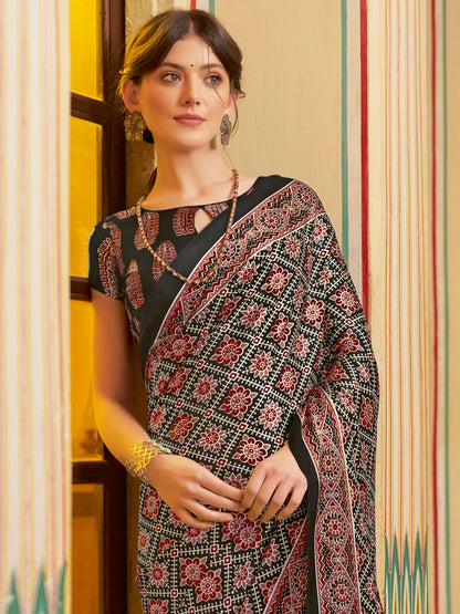 Women's Crepe Black Printed Designer Saree With Blouse Piece