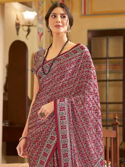 Women's Crepe Red Printed Designer Saree With Blouse Piece