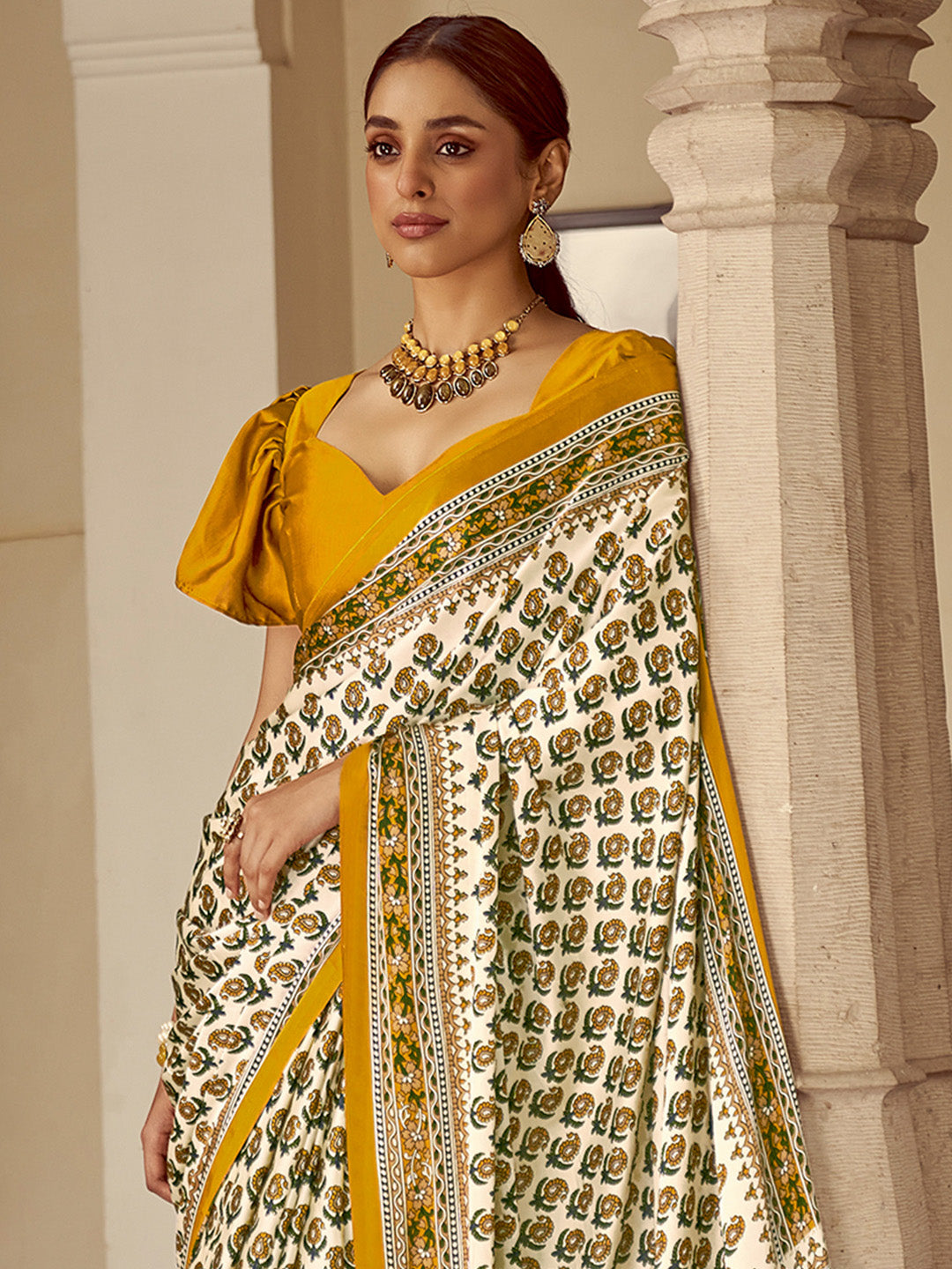 Women's Crepe Mustard Printed Designer Saree With Blouse Piece