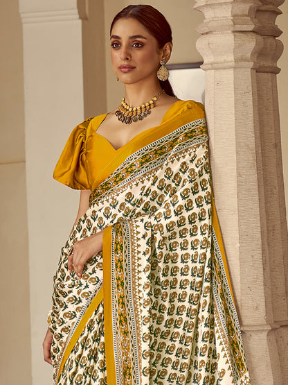 Women's Crepe Mustard Printed Designer Saree With Blouse Piece