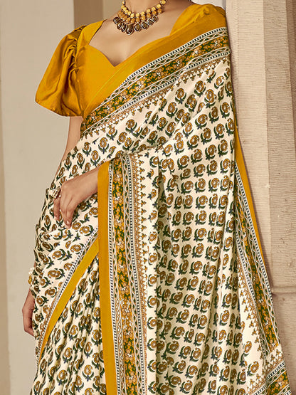 Women's Crepe Mustard Printed Designer Saree With Blouse Piece