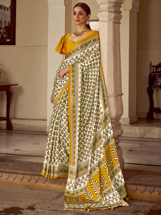 Women's Crepe Mustard Printed Designer Saree With Blouse Piece