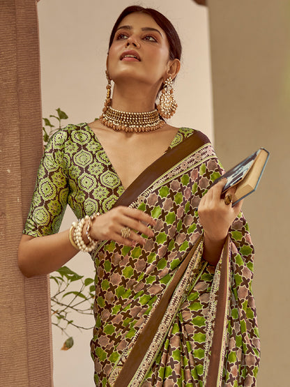 Women's Crepe Brown Printed Designer Saree With Blouse Piece
