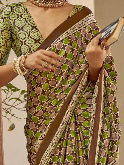 Women's Crepe Brown Printed Designer Saree With Blouse Piece