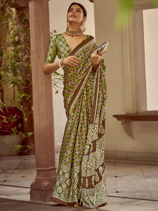 Women's Crepe Brown Printed Designer Saree With Blouse Piece