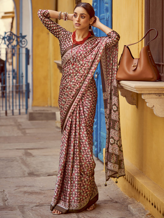 Women's Crepe Brown Printed Designer Saree With Blouse Piece