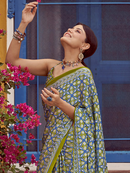 Women's Crepe Light Green Printed Designer Saree With Blouse Piece