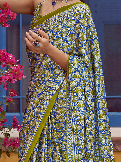 Women's Crepe Light Green Printed Designer Saree With Blouse Piece