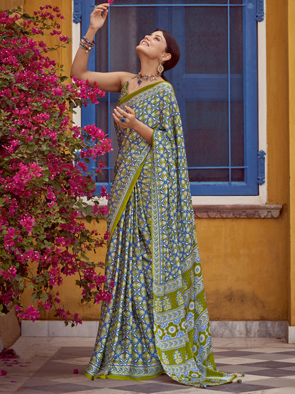 Women's Crepe Light Green Printed Designer Saree With Blouse Piece