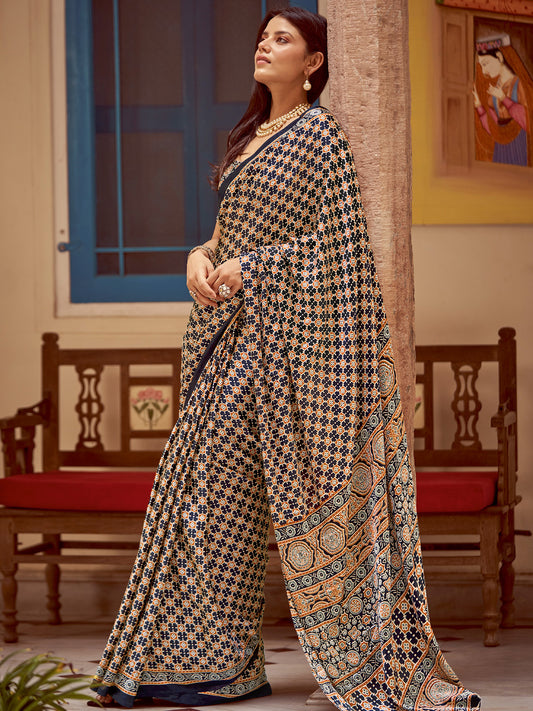 Women's Crepe Black Printed Designer Saree With Blouse Piece