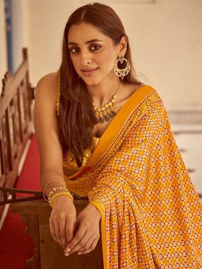 Women's Crepe Mustard Printed Designer Saree With Blouse Piece