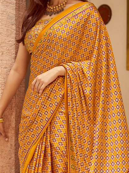 Women's Crepe Mustard Printed Designer Saree With Blouse Piece