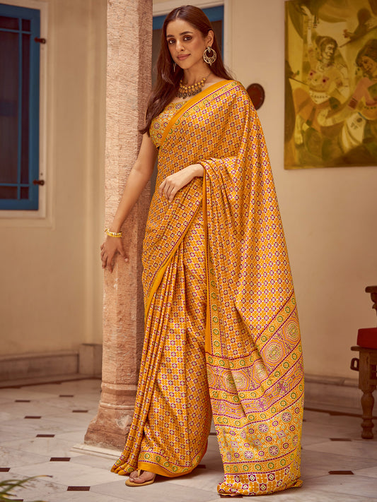 Women's Crepe Mustard Printed Designer Saree With Blouse Piece