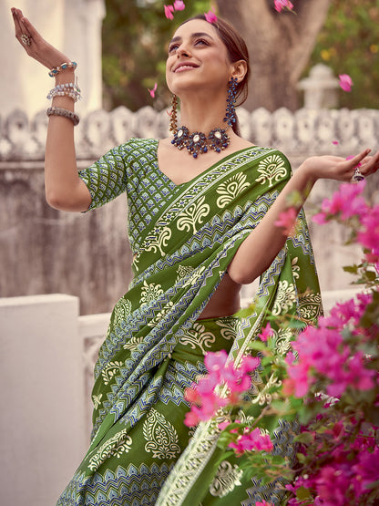 Women's Crepe Light Green Printed Designer Saree With Blouse Piece