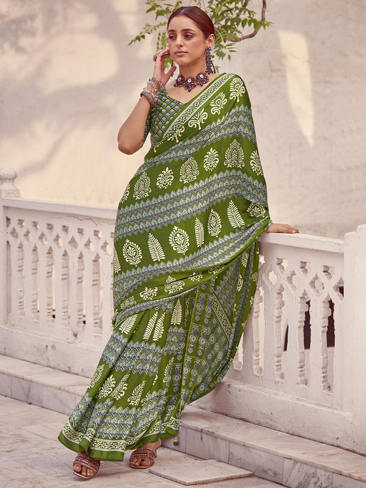 Women's Crepe Light Green Printed Designer Saree With Blouse Piece