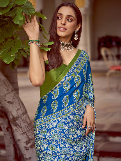 Women's Crepe Light Green Printed Designer Saree With Blouse Piece
