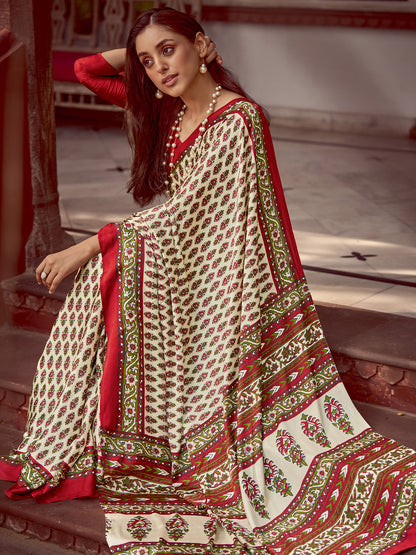 Women's Crepe Red Printed Designer Saree With Blouse Piece