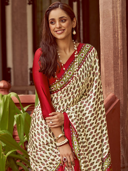 Women's Crepe Red Printed Designer Saree With Blouse Piece