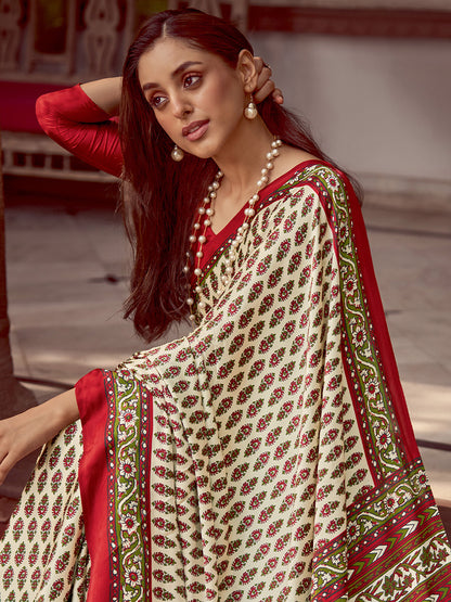 Women's Crepe Red Printed Designer Saree With Blouse Piece