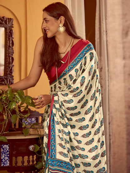 Women's Crepe Red Printed Designer Saree With Blouse Piece