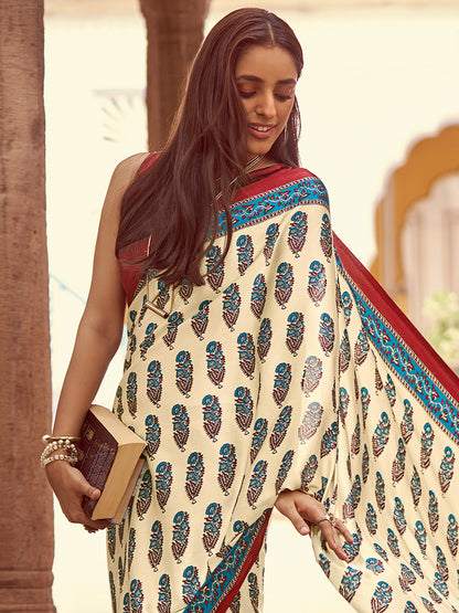 Women's Crepe Red Printed Designer Saree With Blouse Piece