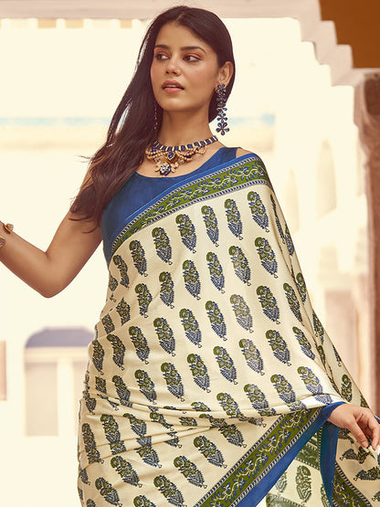 Women's Crepe Navy Blue Printed Designer Saree With Blouse Piece