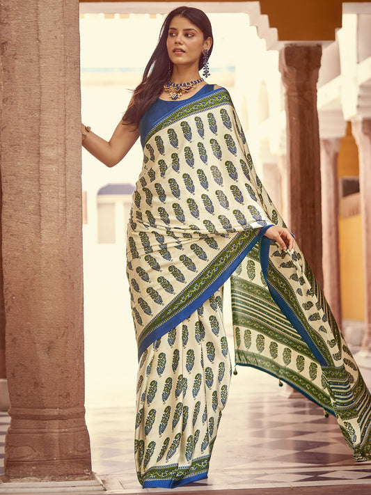 Women's Crepe Navy Blue Printed Designer Saree With Blouse Piece