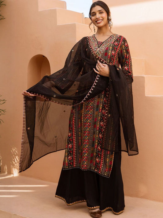 Women Ethnic Motifs Embroidered Regular Mirror Work Kurta with Palazzos & Dupatta