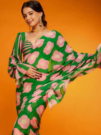 Women's Satin Green Printed Designer Saree With Blouse Piece