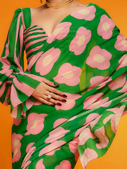 Women's Satin Green Printed Designer Saree With Blouse Piece