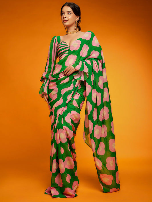 Women's Satin Green Printed Designer Saree With Blouse Piece