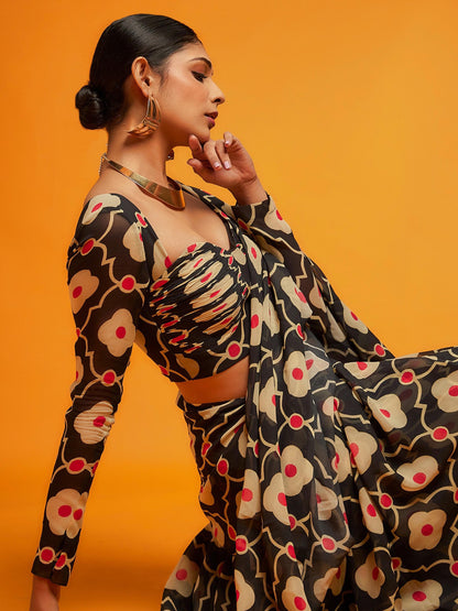 Women's Satin Black Printed Designer Saree With Blouse Piece