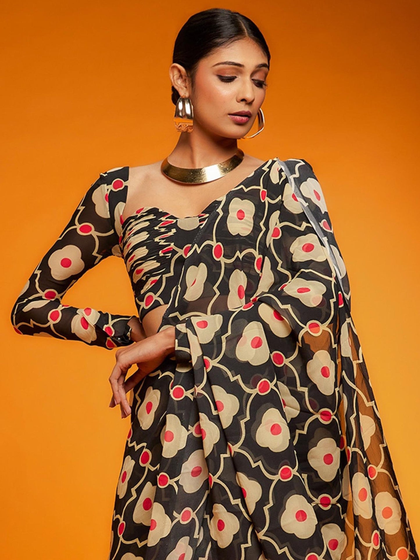 Women's Satin Black Printed Designer Saree With Blouse Piece