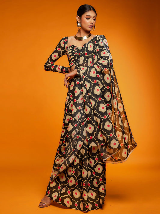 Women's Satin Black Printed Designer Saree With Blouse Piece