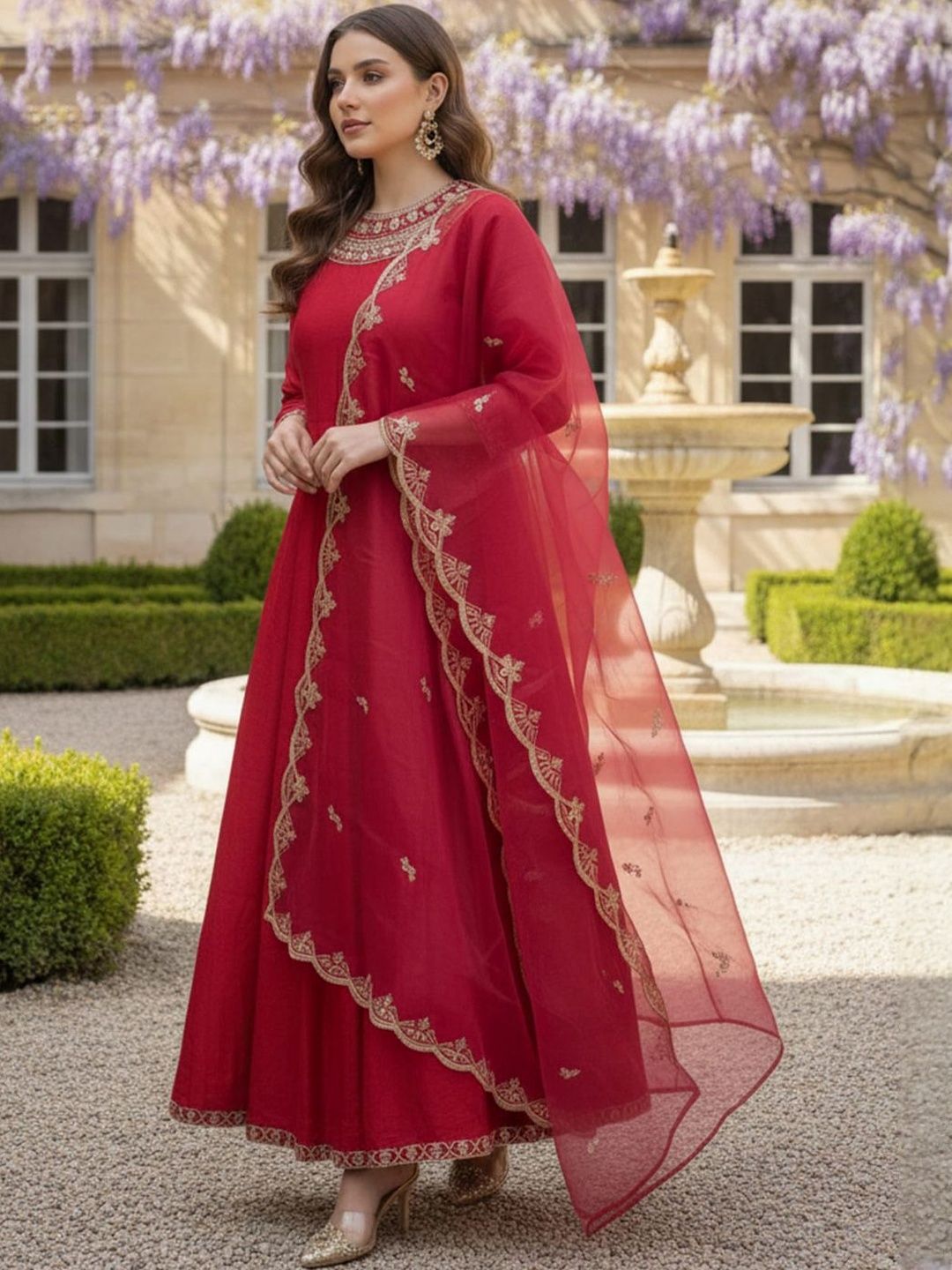 Floral Embroidered Zari Work Panelled Anarkali Kurta With Trouser & Dupatta