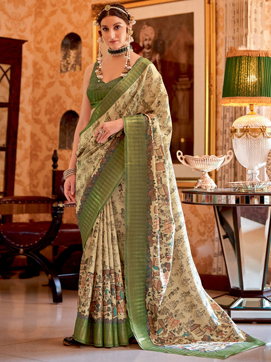 Women's Manipuri Silk cream Printed Designer Saree With Blouse Piece
