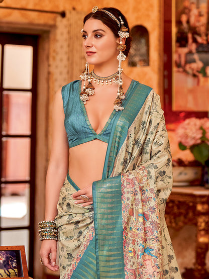 Women's Manipuri Silk cream Printed Designer Saree With Blouse Piece