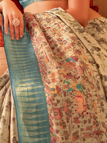 Women's Manipuri Silk cream Printed Designer Saree With Blouse Piece