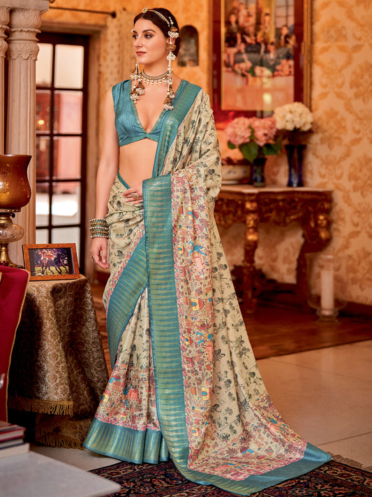 Women's Manipuri Silk cream Printed Designer Saree With Blouse Piece