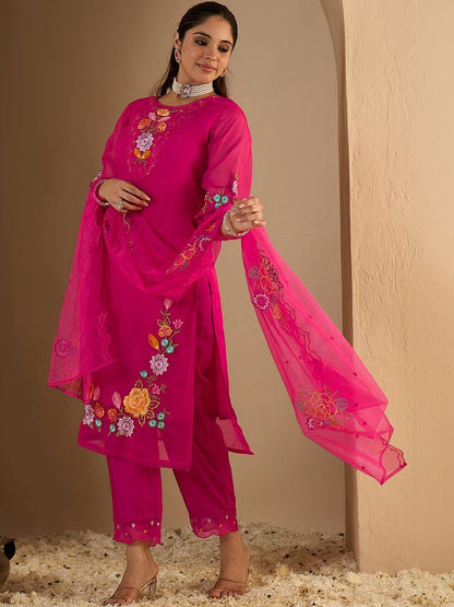Women Floral Embroidered Regular Thread Work Kurta with Trousers & With Dupatta