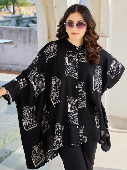 Women Geometric Printed Mandarin Collar Regular Kaftan Kurta with Trousers