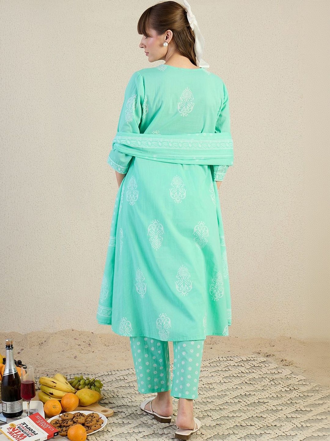 Women Ethnic Motifs Printed Regular Thread Work Pure Cotton Kurta with Trousers & With Dupatta
